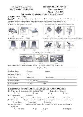 Đề kiểm tra 45 phút số 1 môn Tiếng Anh Lớp 11 - Năm học 2019-2020 - Trường THPT Cẩm Giang